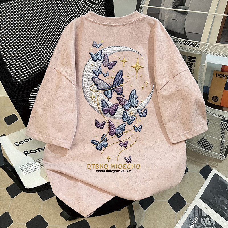 Estilo americano imitação bordado Retro High Street impresso Tie-Dye puro algodão de manga curta camiseta das mulheres d