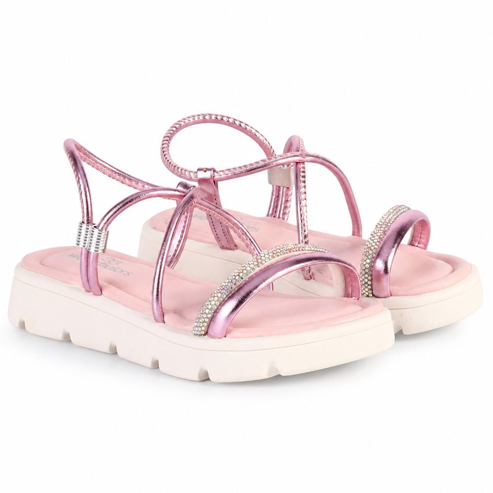 Sandália Infantil Menina WorldColors Rosa Metalizado com Solado Off White Tratorado e Tiras com Strass — imagem 2 de 2