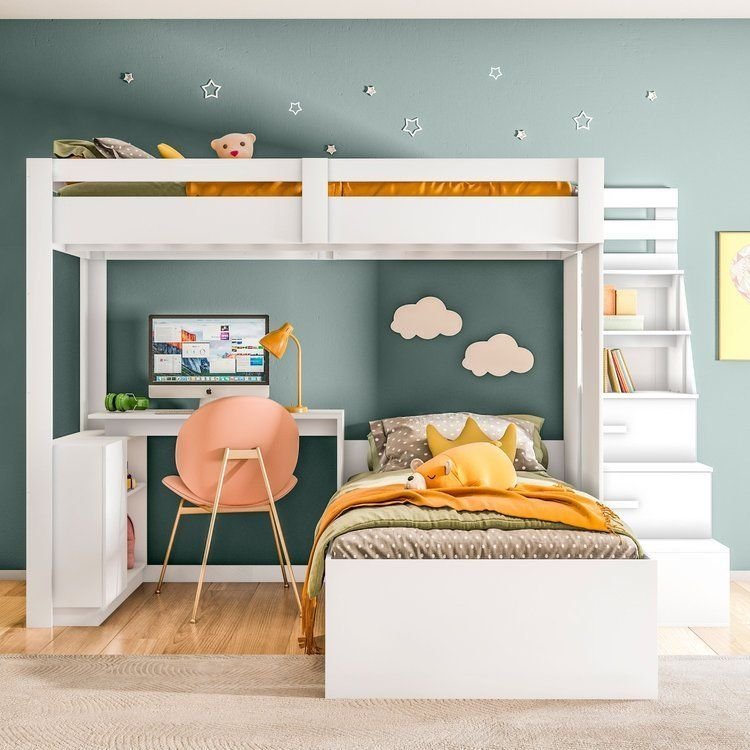 Beliche Office Infantil/Juvenil Moon com Escrivaninha em L e Escada 2 Portas e 2 Gavetas Yescasa Branco
