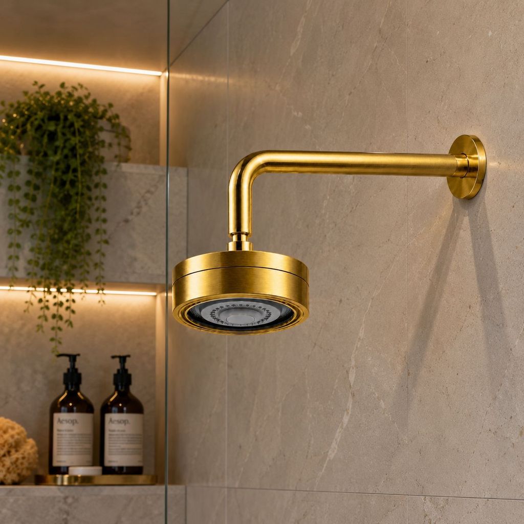 Chuveiro Ducha Autolimpante Redondo Dourado Articulável Aquecimento Solar ou Gás Banho Banheiro