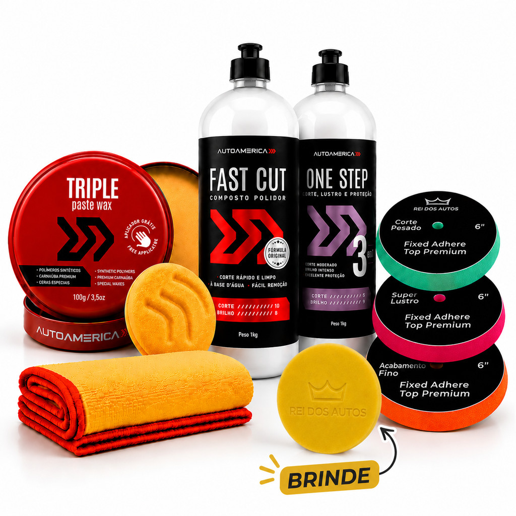 Kit Polimento Automotivo One Step Fast Cut + Cera De Carnauba 100g + Boinas De Espuma 6 Polegadas + Pano Microfibra