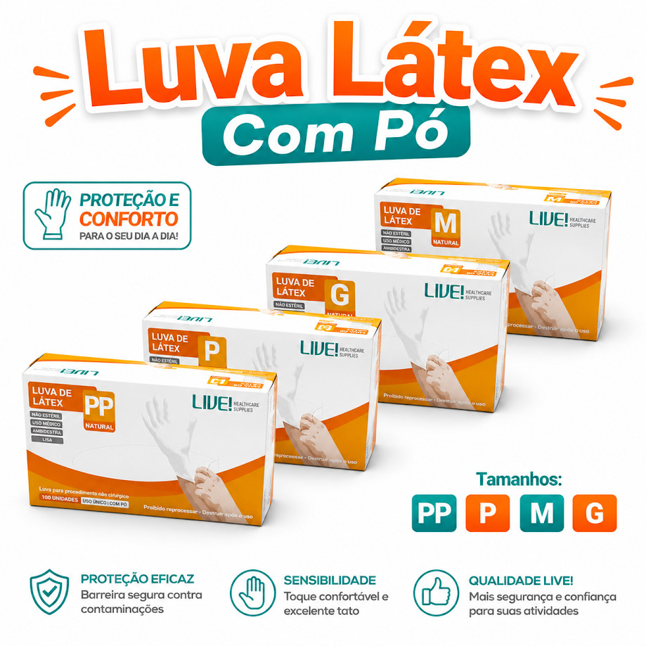Luva Descartavel Látex Com Pó Cor Natural 100 Unidades PP, P, M, G Live
