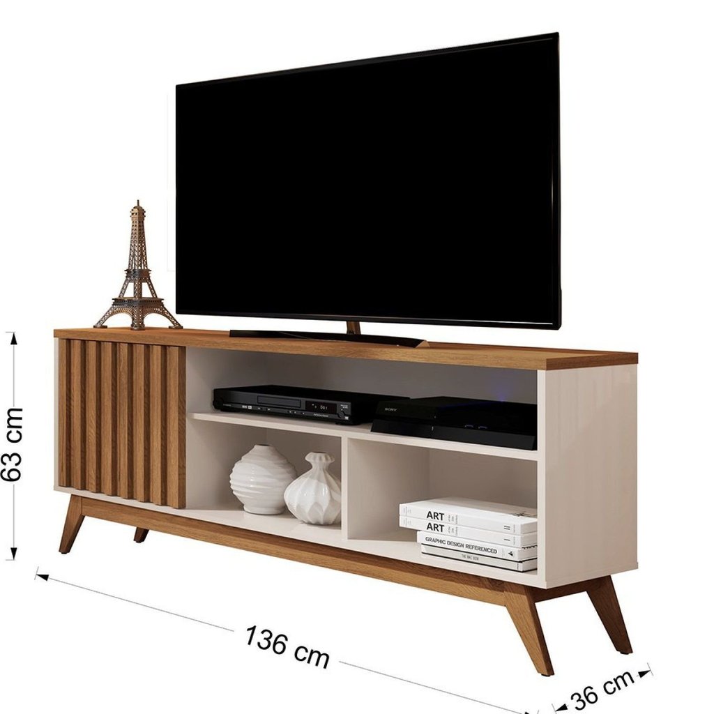 Rack Ripado Retrô para TV até 55 Polegadas 136cm Pés em Madeira Maciça Malbec Wood Bege Off White/Freijó · foto 2