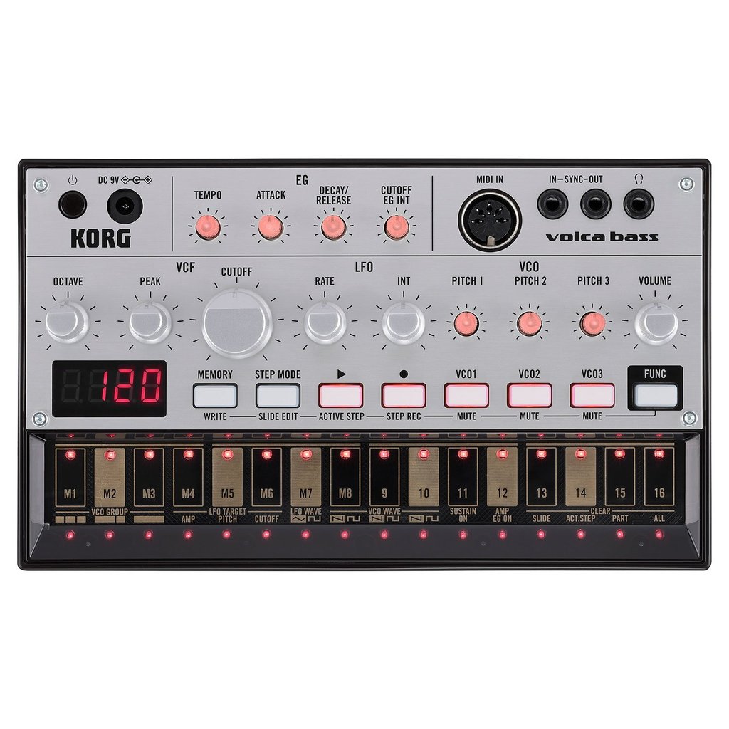 KORG volca bass sintetizador analógico com sequenciador de 16 passos, alimentado por bateria, com alto-falante integrado e compatível com fones de ouvido, compacto e portátil