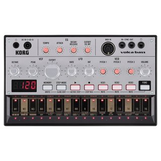 KORG volca bass sintetizador analógico com sequenciador de 16 passos, alimentado por bateria, com alto-falante integrado e compatível com fones de ouvido, compacto e portátil