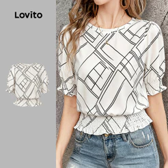 Lovito Elegante Blusa Geométrica com Pregas para O Trabalho Primavera/verão para Mulheres BLB199P2D239
