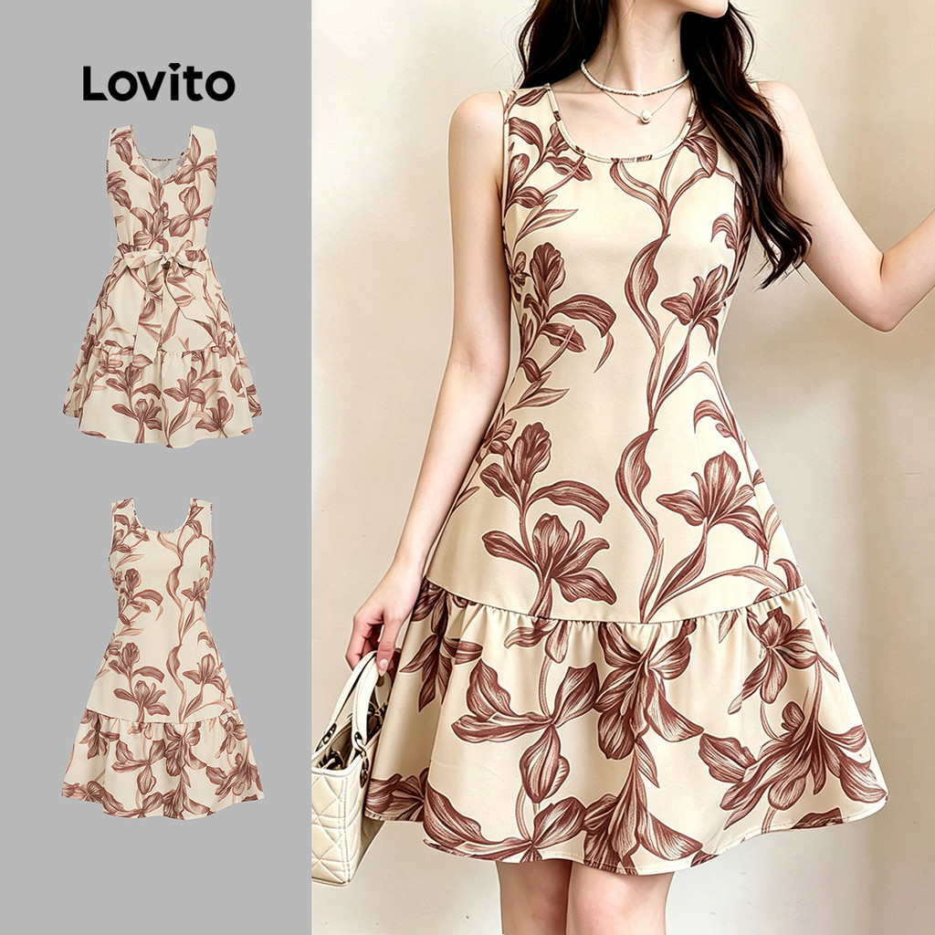 Lovito Vestido Boho Sem Costas Laço Nas Costas Estilo Resort Vestido Cáqui de para mulheres L199ED101