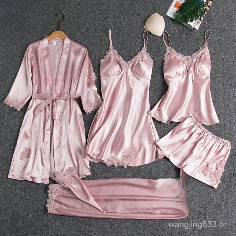 Conjunto De 5 Peças De Pijama Feminino De Seda , Camisola De Renda , Com Decote Em V E Alças Finas .