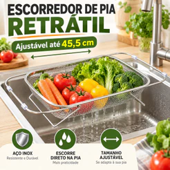 Escorredor de Pia Inox Retrátil Ajustável Cesto Multiuso para Frutas Legumes Verduras Cozinha