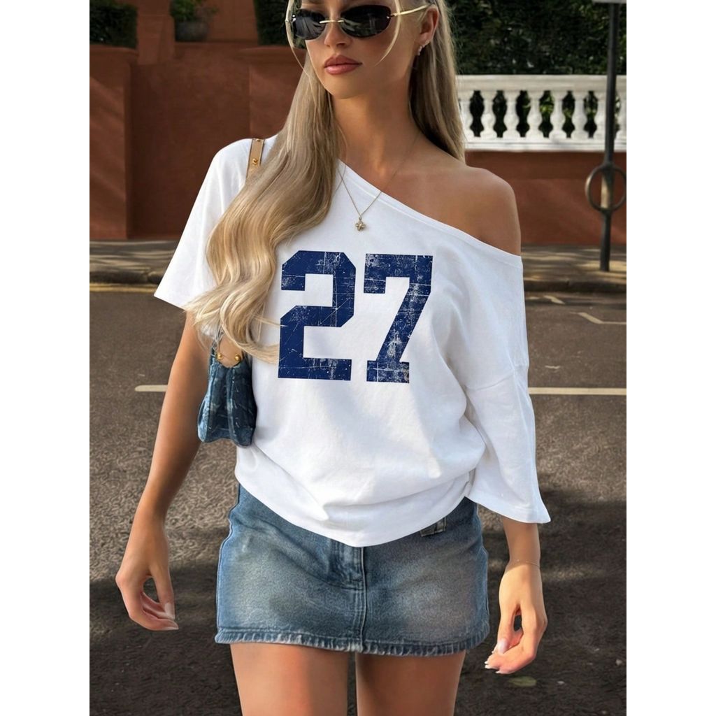 Camiseta Ombro a Ombro Feminina Numero 27 T-shirt Ombros Manga Curta Casual para Primavera e Verão Algodão