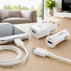 Kit Carregadores USB de Tomada + USB Veicular + Cabo Micro USB 1M