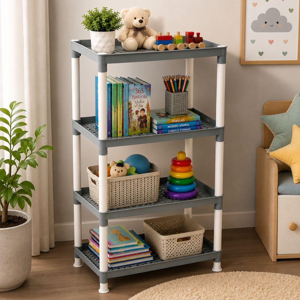 PRATELEIRA 4 ANDARES ORGANIZADORA ESTANTE PLASTICA CINZA MULTIUSO BRINQUEDOS LIVROS ESCOLAR NICHO RESISTENTE QUARTO