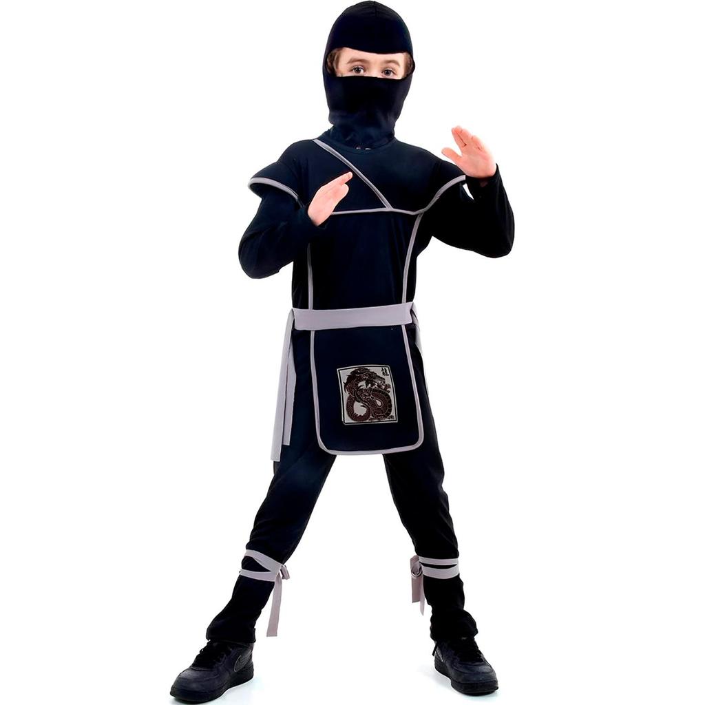 Fantasia Ninja Infantil Samurai Preto de Luxo Com Gorro