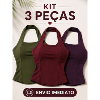 Kit 3 Blusa Feminina Halter Academia Frente Única Forrada Costas Nua Regata Verão Moda Casual
