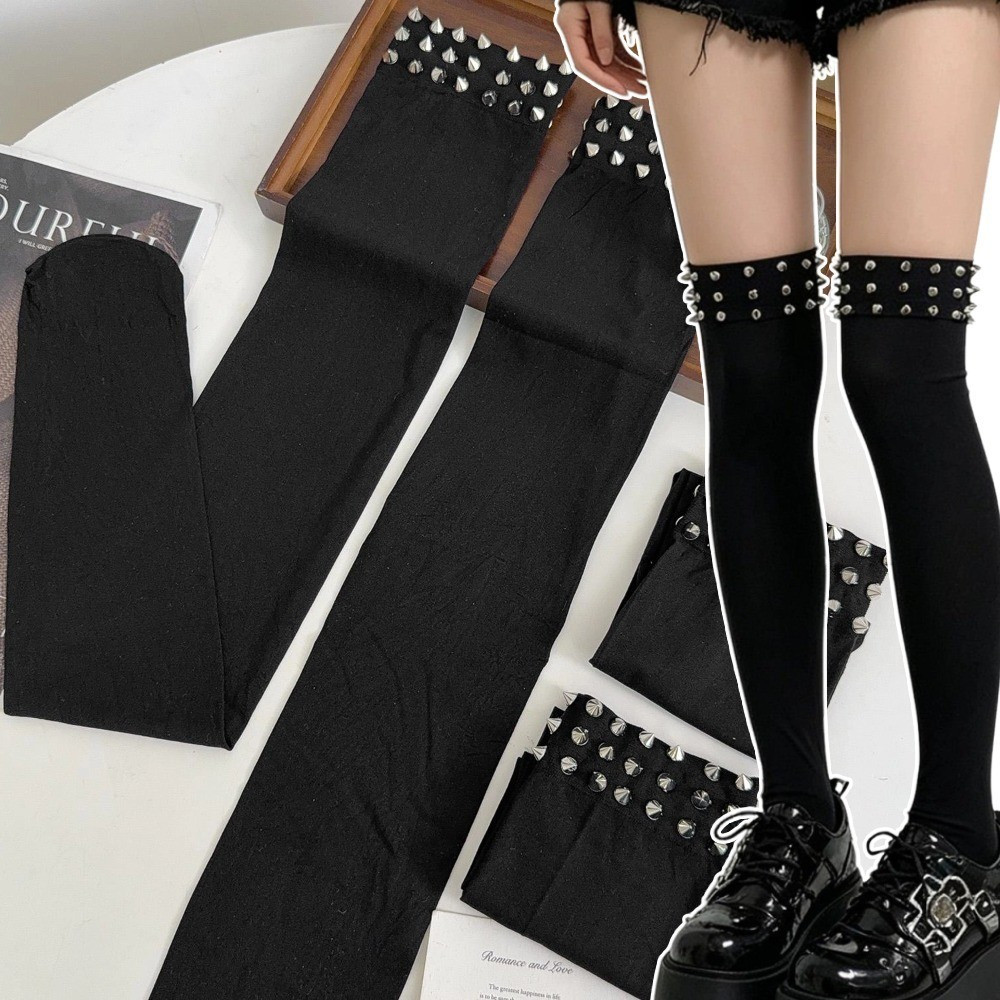 Meias pretas punk, estilo Y2K, com detalhes de rebites e pontas, cano alto, para mulheres e meninas, acessórios de moda 