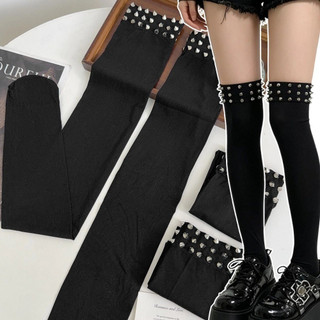 Meias pretas punk, estilo Y2K, com detalhes de rebites e pontas, cano alto, para mulheres e meninas, acessórios de moda 