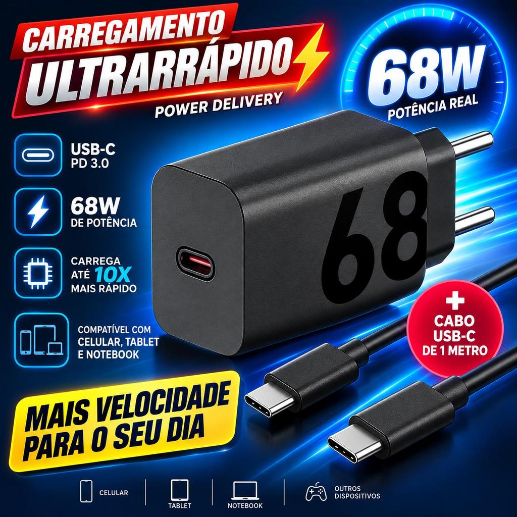 Carregador Turbo 68W USB-C PD 3.0 + Cabo USB-C 1m Carga Rápida
