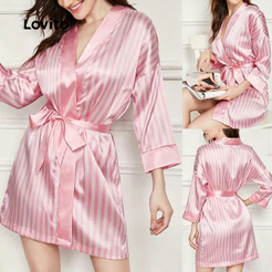 Lovito Roupão Elegante de Cetim Acetinado Listrado Transpassado com Faixa Confortável Feminino LNE148038