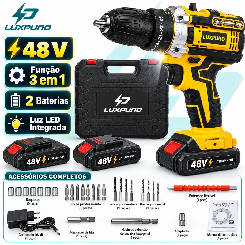 Furadeira Parafusadeira de Impacto Profissional Sem Fio 48V 2 Baterias Kit Completo com Maleta, Brocas e Acessórios
