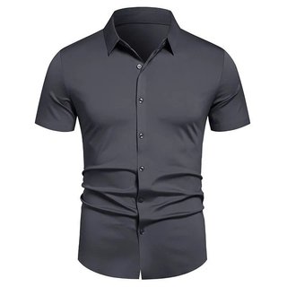 Camisa masculina elástica, sem vincos, camisas sociais de corte regular, manga curta, camisas casuais de negócios com bo
