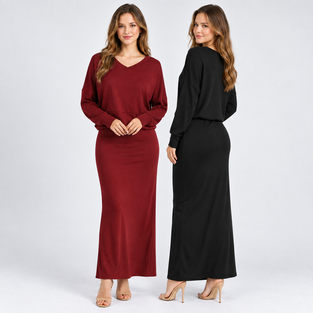 Conjunto Feminino Canelado Ribana Vestido Longo + Blusa Manga Longa Gola V Elegante Confortável com Elastano