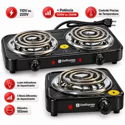 Fogão Elétrico de Mesa 1 e 2 Bocas 2500W 1000W Fogareiro Portátil Cooktop 110V 220V Prático Camping Viagem