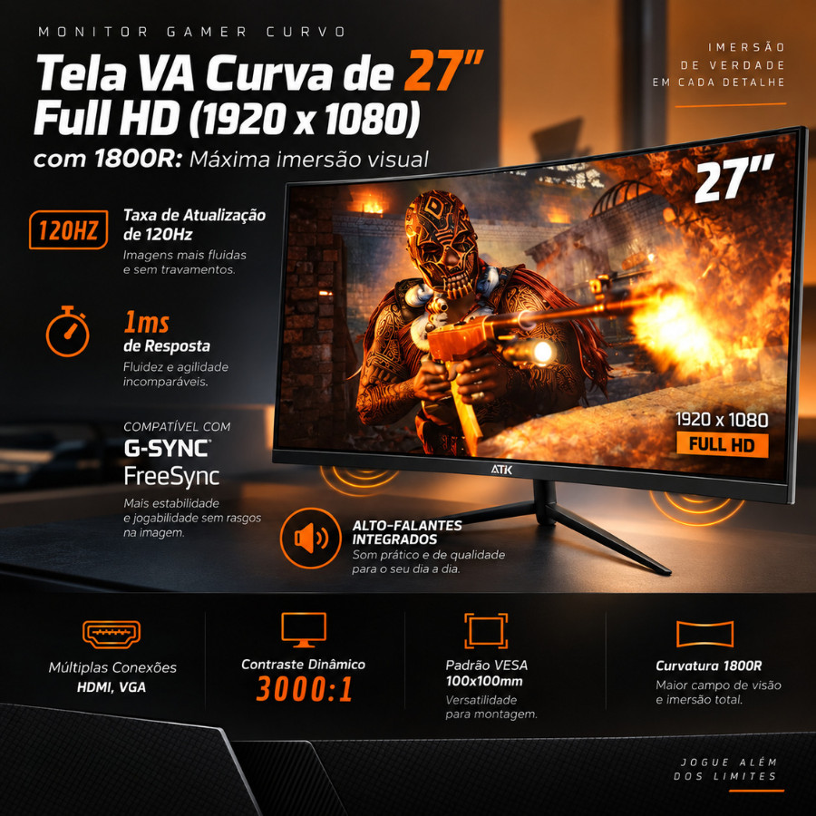 Monitor Curvo com Alto Falante Gamer 27'' 120HZ LED FULL HD HDMI VGA DELTA (M2711AC)
