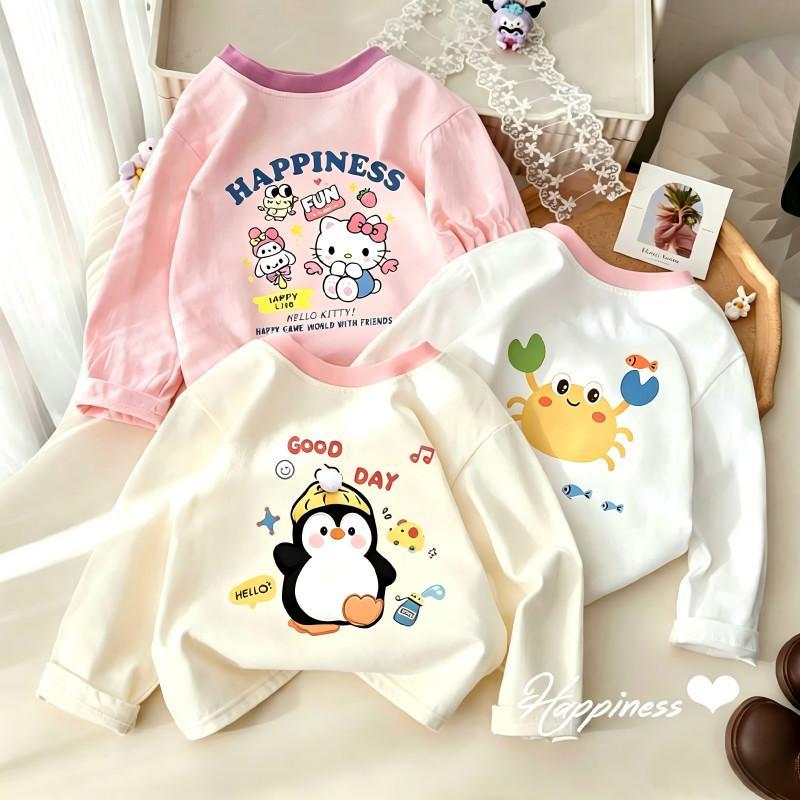 Primavera outono estilo coreano menina de manga comprida camiseta moda impressão dos desenhos animados contraste cor cam