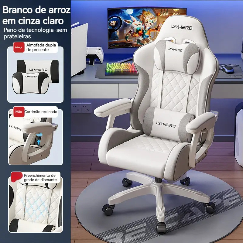 Cadeira Gamer Feminina Ergonômica Giratória Branco Rosa, Braço Reclinável, Kit Almofadas Incluso, Cadeira Escritório