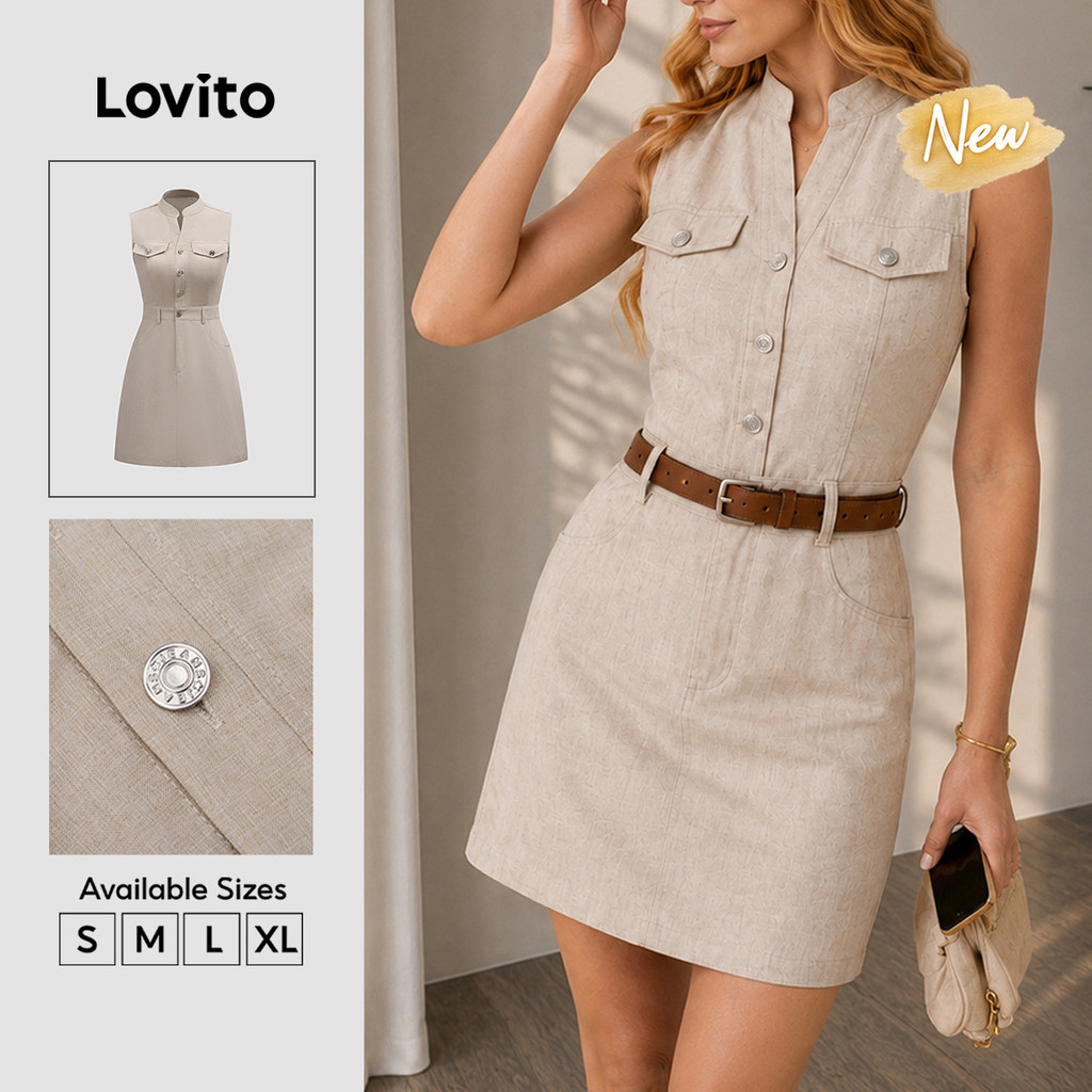 (New Arrival) Lovito Casual Metal Buckle Pocket Zipper Short Pencil Spring Summer Holiday Weekend Khaki Dress for Women DRB39BR053