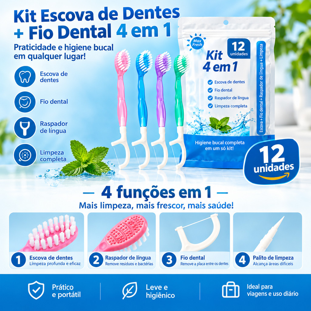Kit com 12 Unidades Escova de Dentes de Viagem Descartável 4 em 1 com Pasta em Grânulos Fio Dental
