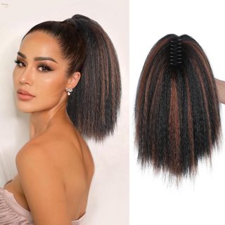 Rabo de cavalo Yaki, apliques de cabelo sintético, cabelo liso e cabelo curto encaracolado.