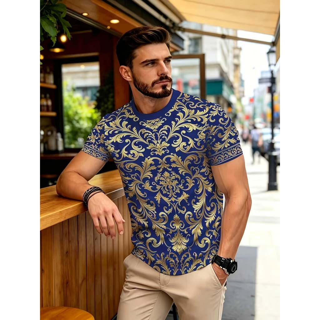 [Printesin-Not Textured] Azul Ouro Barroco Estampa Completa Manga Curta Camiseta Masculina Grande de Manga Curta Plus Fa