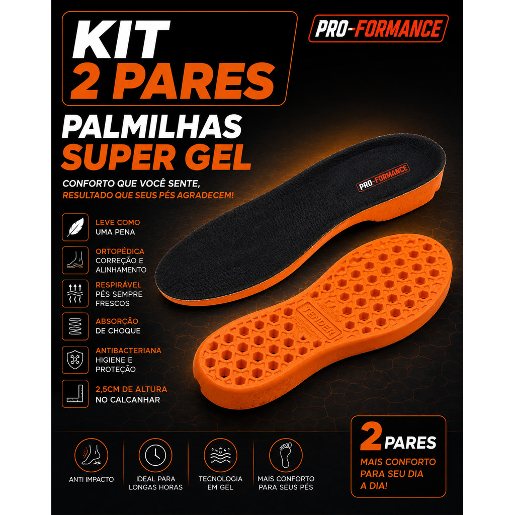 KIT 2 Palmilha Super Gel P.u Confortável Macia Ideal Para Quem Trabalha em Pé Durante Muitas Horas Ortopedica Anatomica