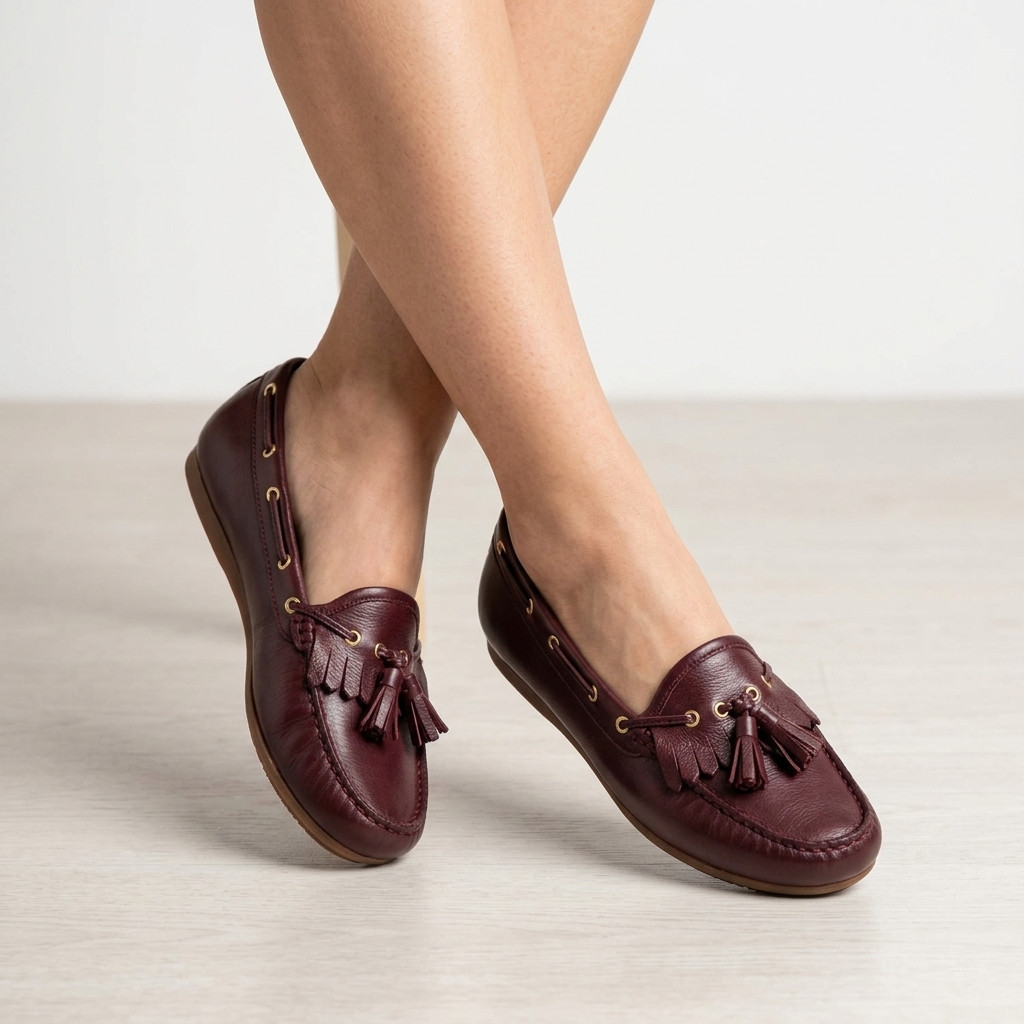 Mocassim Feminino Sapatilha Couro Legítimo Barbicacho Elegante Confortável Vinho