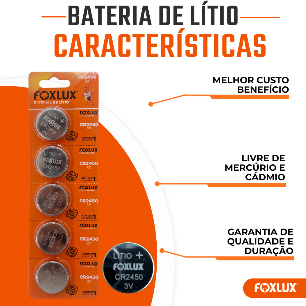 Pilha Bateria Moeda 3V CR2450 Foxlux Lítio Kit com 5 — imagem 2 de 2