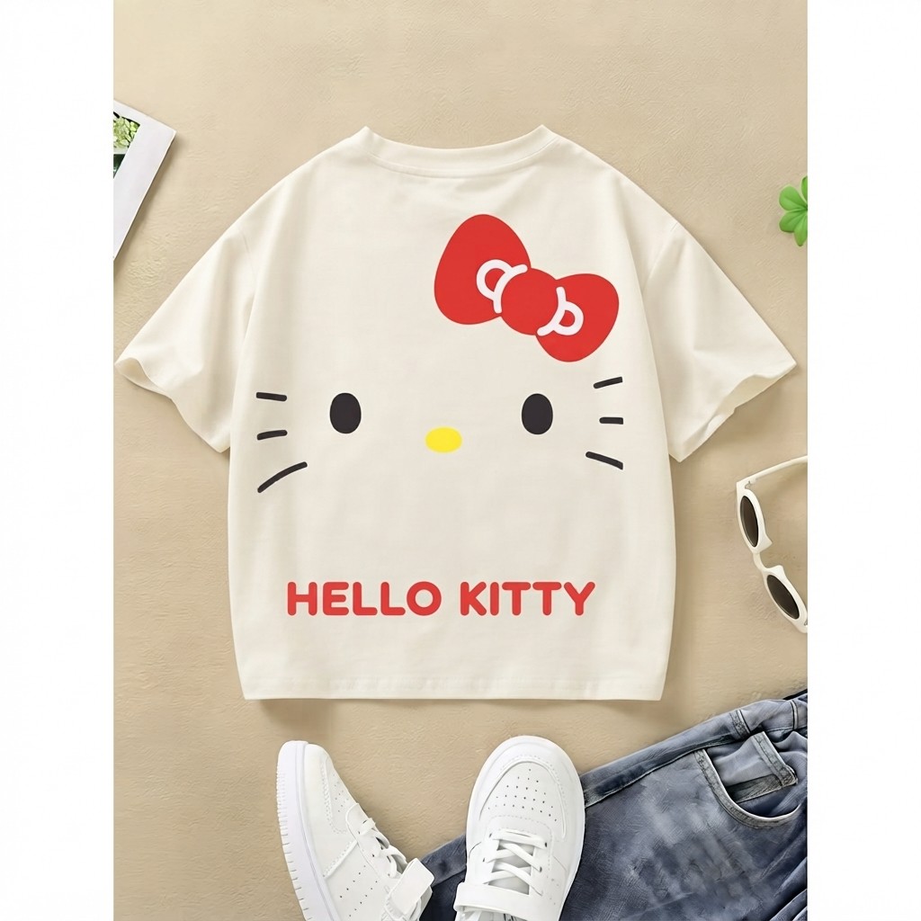Camiseta Infantil Hello Kitty Menina Estampada 100% Algodão Personagem Fofa Jovem Feminina Blusa