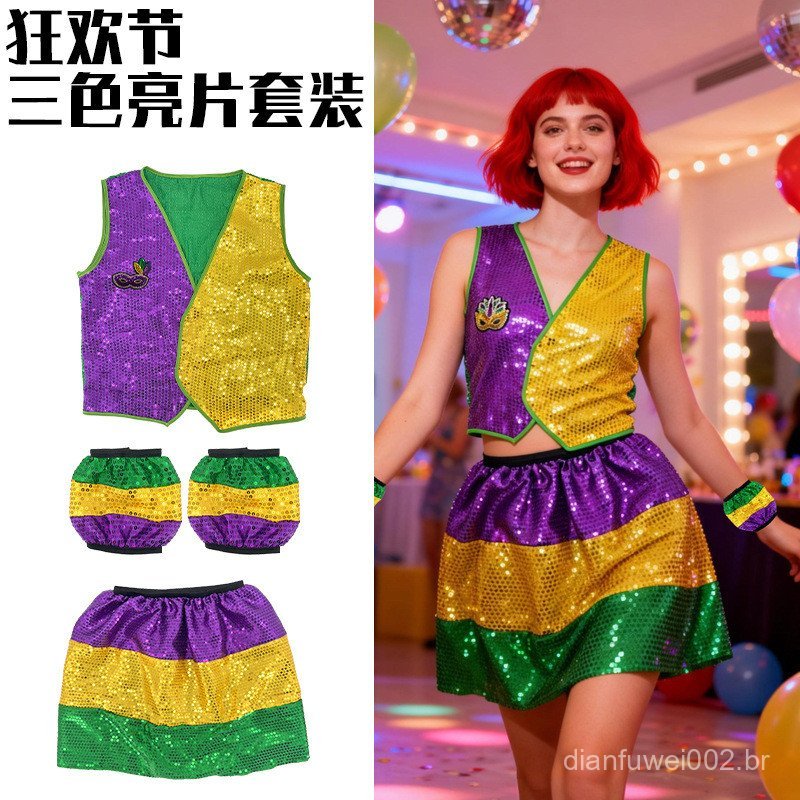 Novo conjunto de colete com lantejoulas para o Carnaval brasileiro, sucesso de vendas, com mangas douradas, verdes e rox