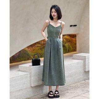 Denim Sling vestido feminino saia de cintura estreita textura High-End sentimento pequeno decote em V temperamento longo