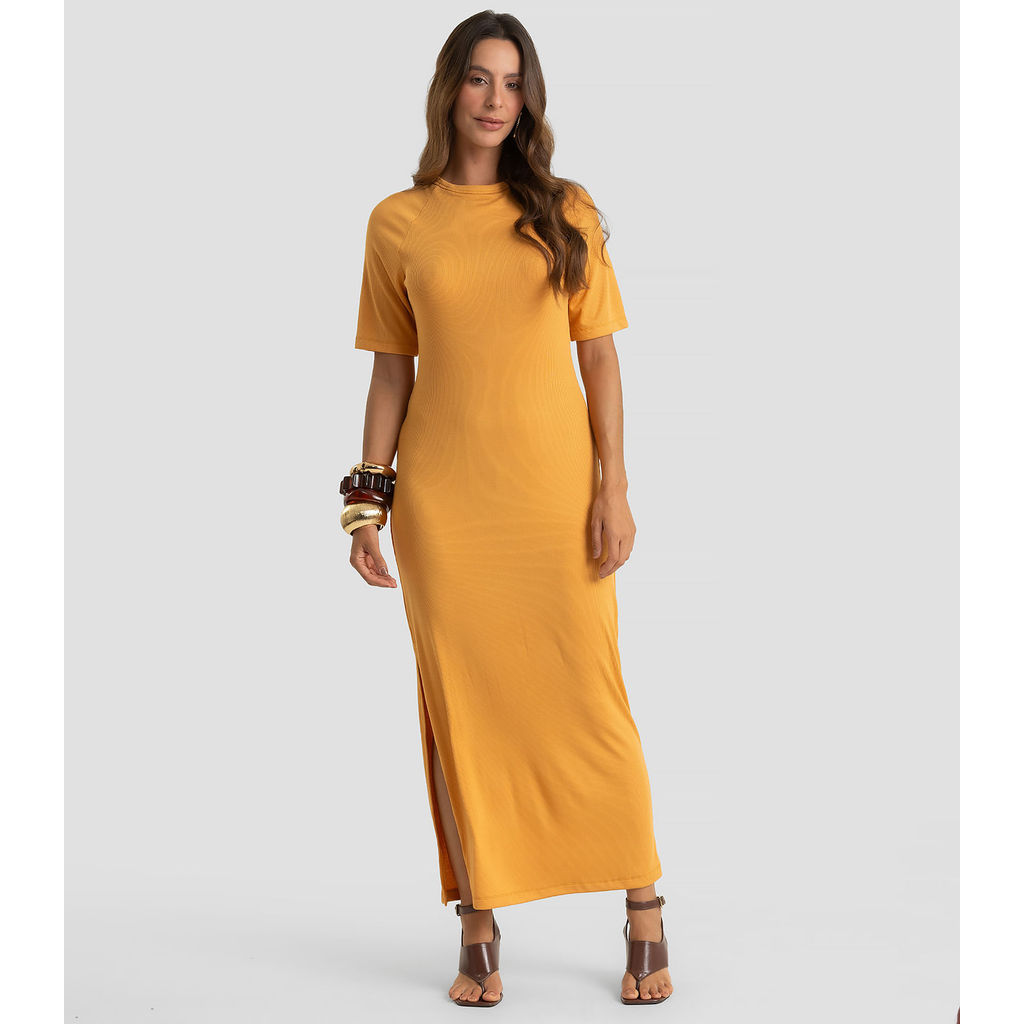 Vestido Midi Em Ribana Viscose Manga Raglan Dianna Amarelo