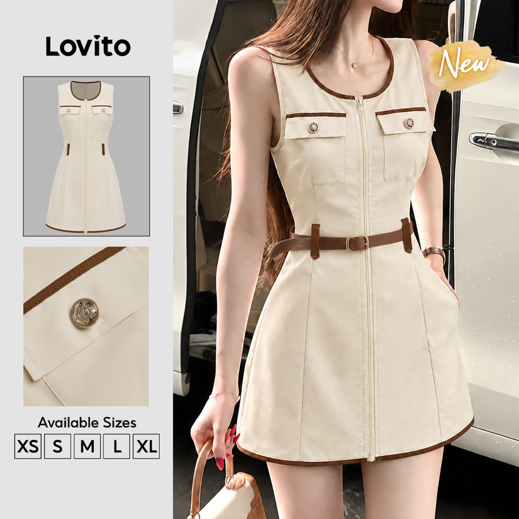 (New Arrival) Lovito Vestido cáqui Feminino Casual Gola U Vivo Contrastante Bolso Falso Curto E evasê primavera/verão (sem Cinto) DRK10P2D639
