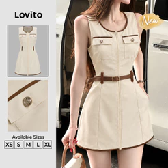 (New Arrival) Lovito Vestido cáqui Feminino Casual Gola U Vivo Contrastante Bolso Falso Curto E evasê primavera/verão (sem Cinto) DRK10P2D639