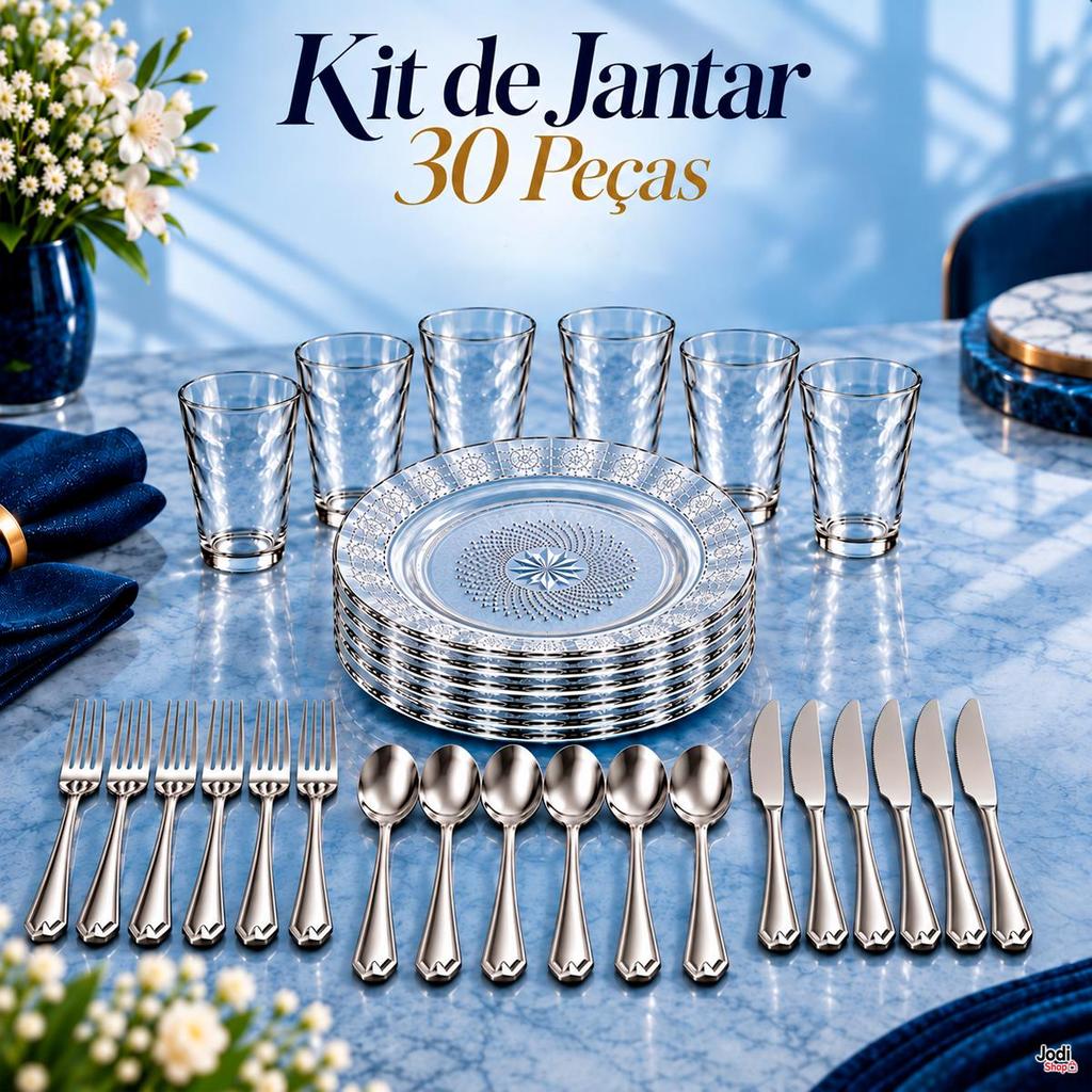 Aparelho de Jantar 30 Peças com 6 Pratos de Vidro, 6 Copos 190 ml e 18 Talheres Inox