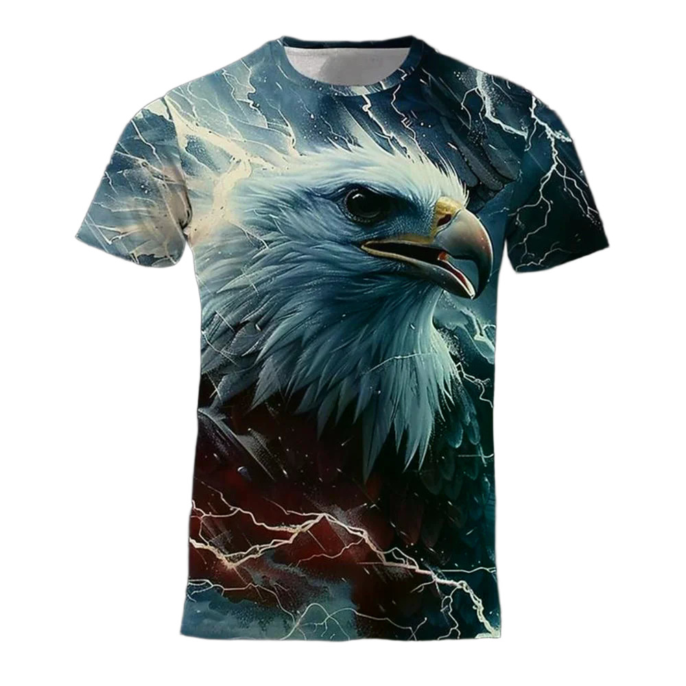 Camiseta Masculina Versátil De Rua De Verão Com Estampa 3D Cor Legal Águia Gola Redonda Manga Curta Solta Confortável Mo