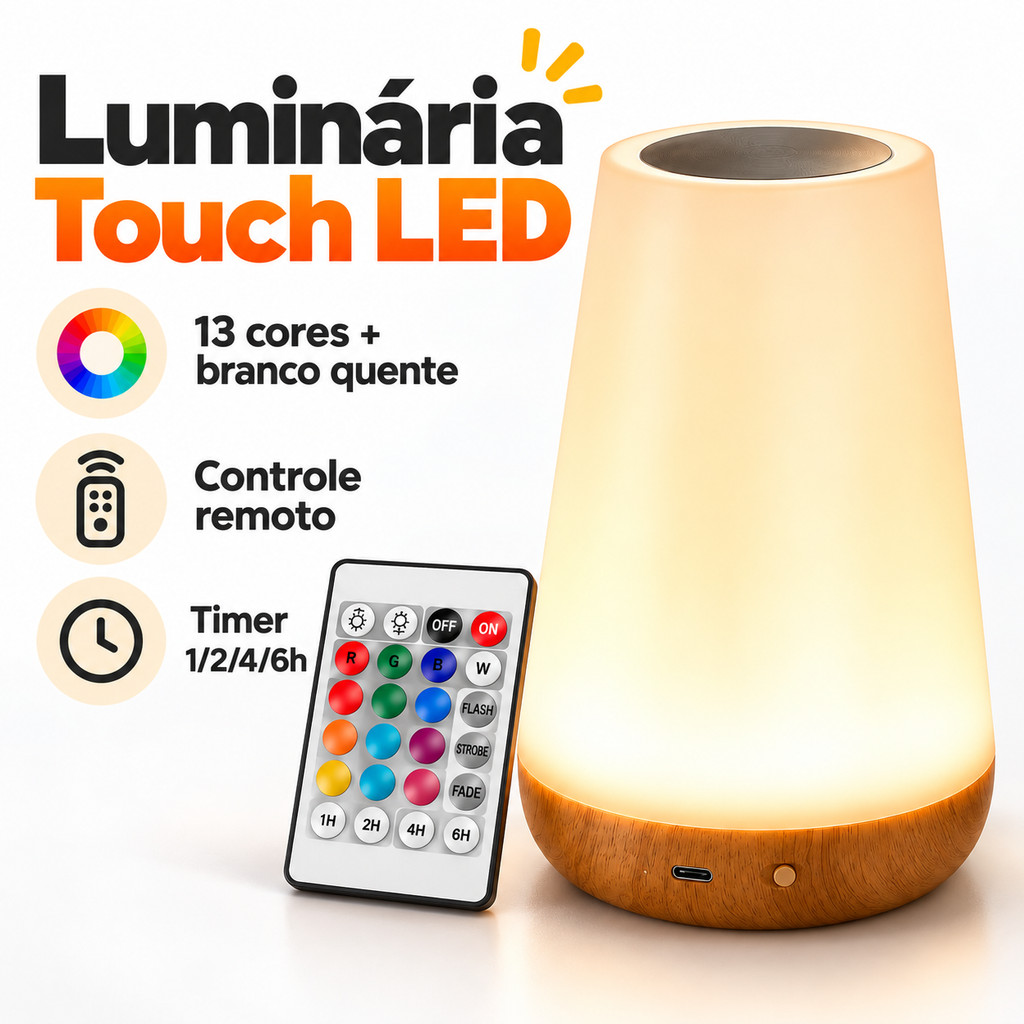 Luminária LED de Mesa Touch RGB 13 Cores Recarregável USB com Controle Remoto Luz Noturna para Quarto Decoração