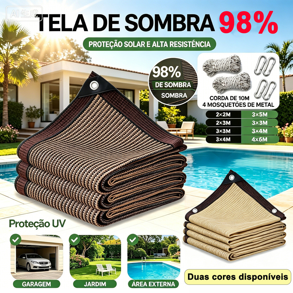 Tela Sombreamento 98% UV para Jardim Horta Garagem Piscina e Varanda Proteção Solar