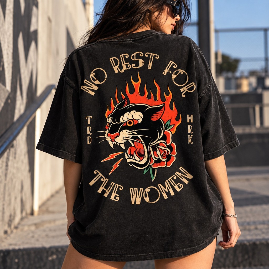 Camiseta Algodão Oversized Camisa Macia No Rest For The Women Tigre Estampa Old School Unissex