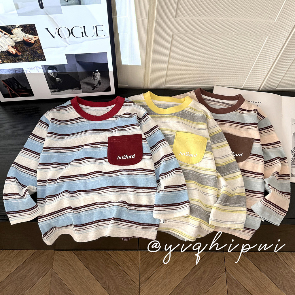 (6m-15 Anos) Meninos Meninas Algodão Manga Longa Camiseta Estilo Coreano Listrado Bolso Criança Crianças Casual Camada B