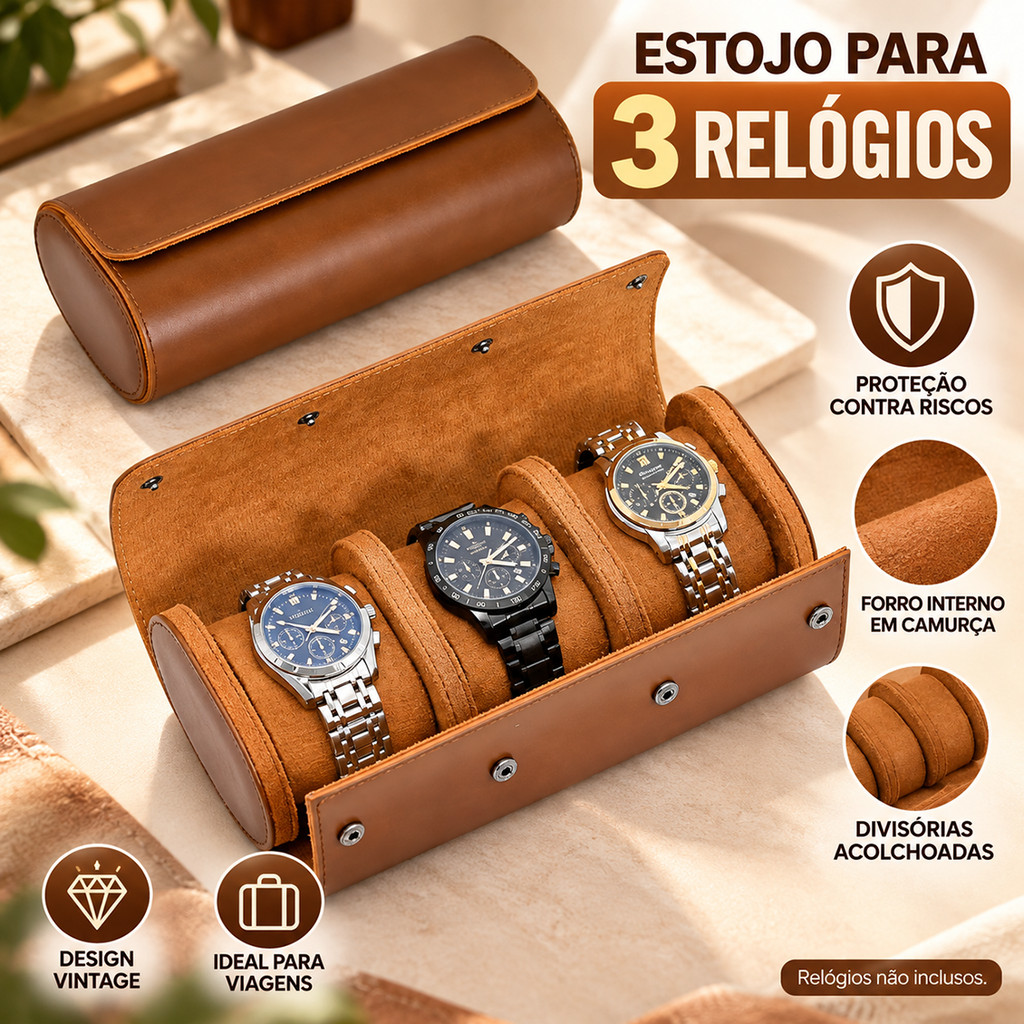 Porta Relógio 3 Lugares Couro PU, Estojo Organizador Portátil para Viagem c/ Almofadas