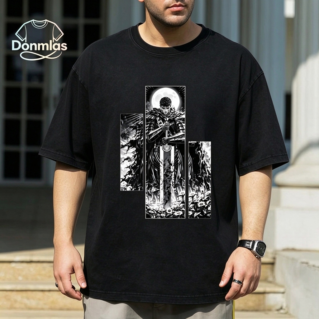 Camiseta Masculina Oversized Preta de Algodão, Estampa Abstrata Preta e Branca Gótica Geométrica Urbana Retrô, Modelo Ca